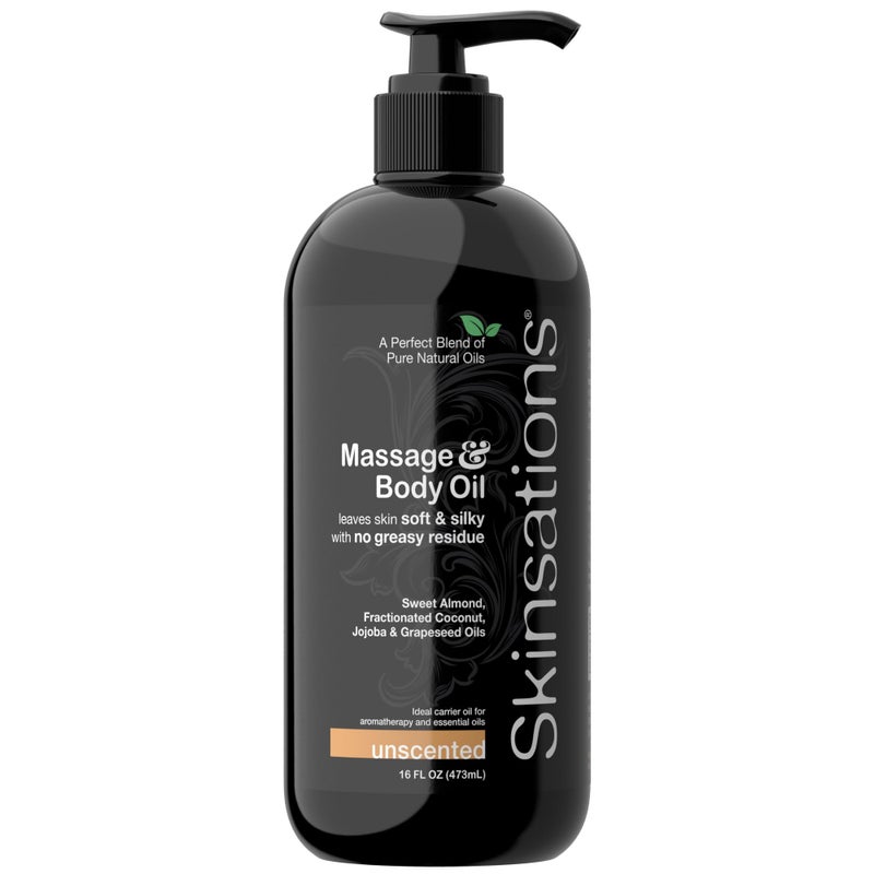 Skinsations سكينسيشنز - زيت تدليك غير معطر للعلاج بالتدليك - 16 أونصة | زيت جسم خالي من العطور للبشرة الحساسة والعلاج بالروائح | زيوت اللوز الحلو، الجوجوبا، جوز الهند وزيت بذور العنب - Image 1